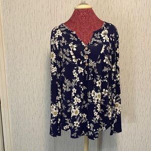 Cathy Women Blouse Size Large Floral Navy Long Sleeves